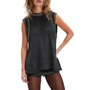 Free People Black Embellished Muscle Tank